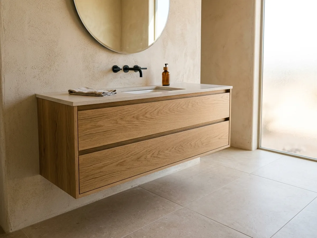 Wall-hung rift white oak vanity with two drawers, an undermount sink and open tile floor beneath