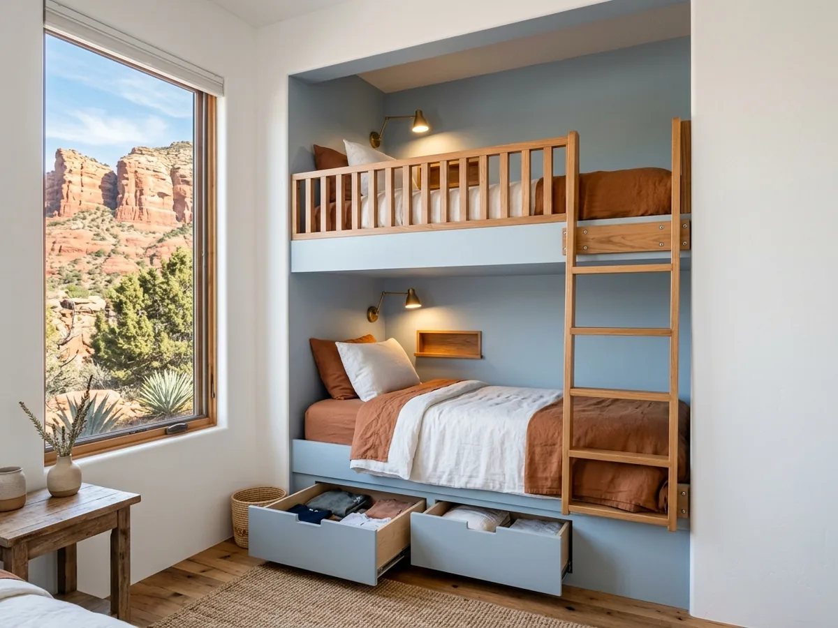 Twin-over-twin built-in bunk beds set into a painted wall alcove, with a fixed side ladder and small reading shelves