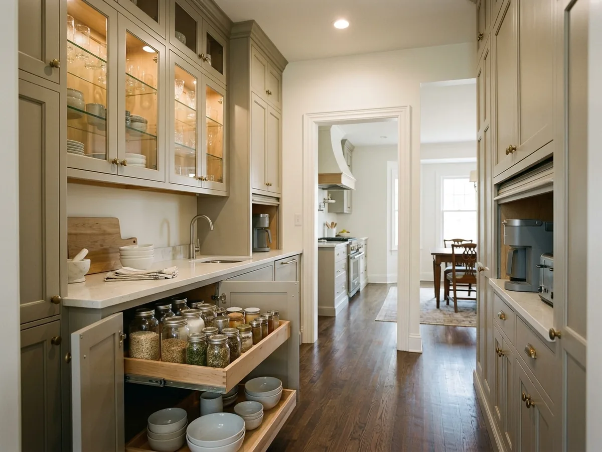 Butler's pantry with greige shaker cabinets, glass-front uppers and roll-out shelves