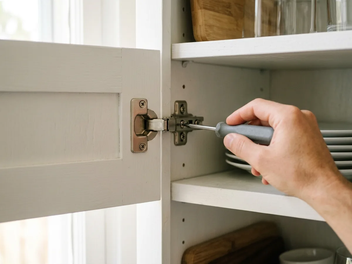 Hand with a plain gray screwdriver adjusting a concealed cup hinge on an open white cabinet door