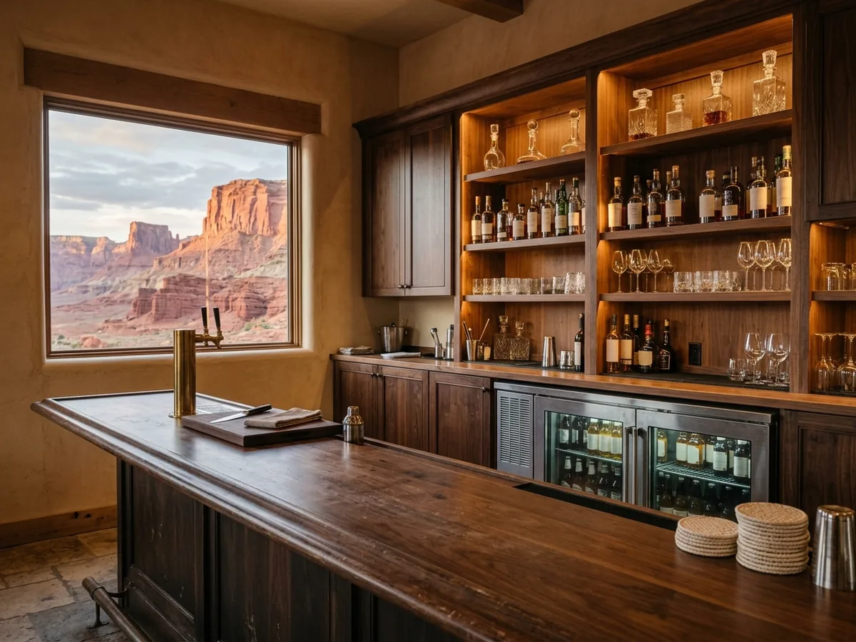 Restaurant back bar with dark stained cabinets, open bottle shelving and under-counter cooler openings