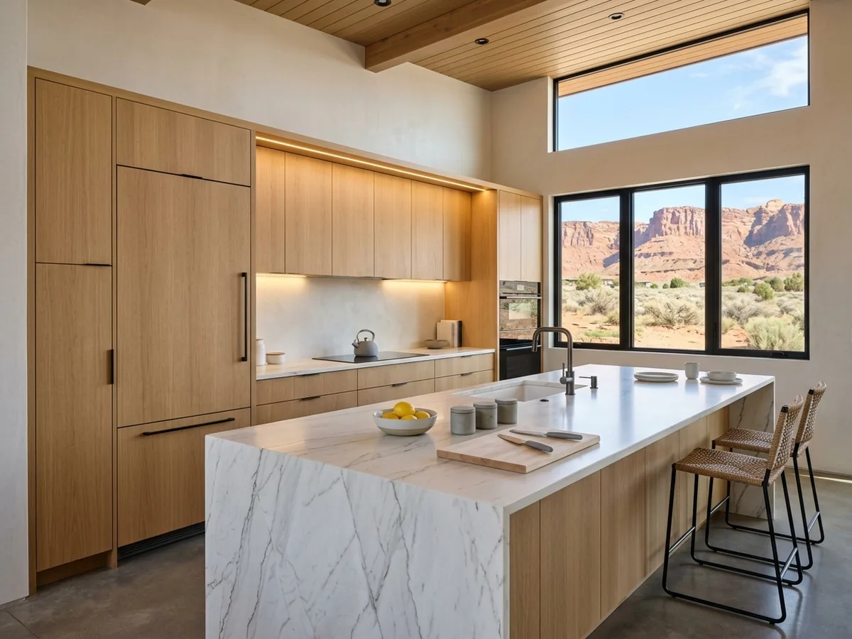 Rift-sawn white oak slab-door kitchen cabinets with a long marble-look island and a full-height pantry wall
