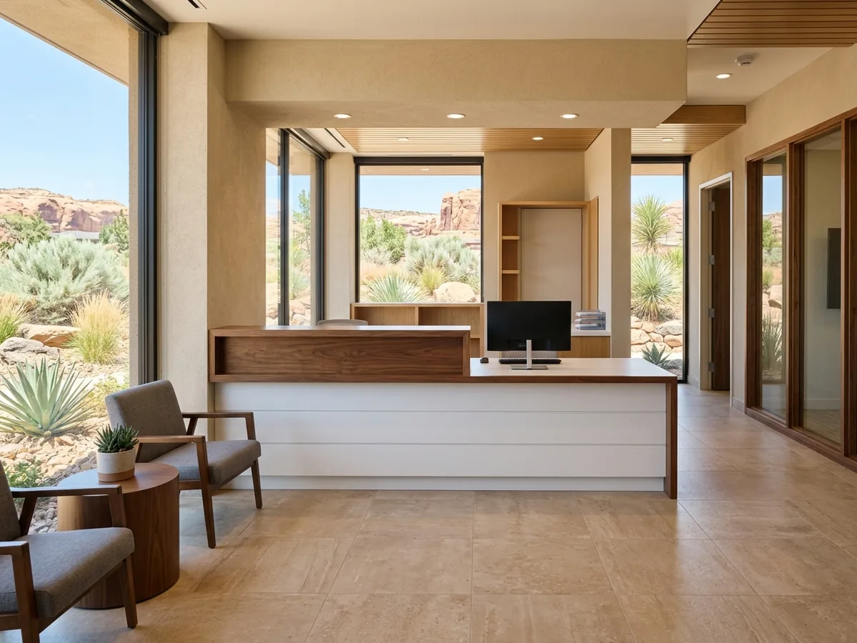 Straight reception desk with a raised walnut transaction ledge over a white work surface in a bright office lobby