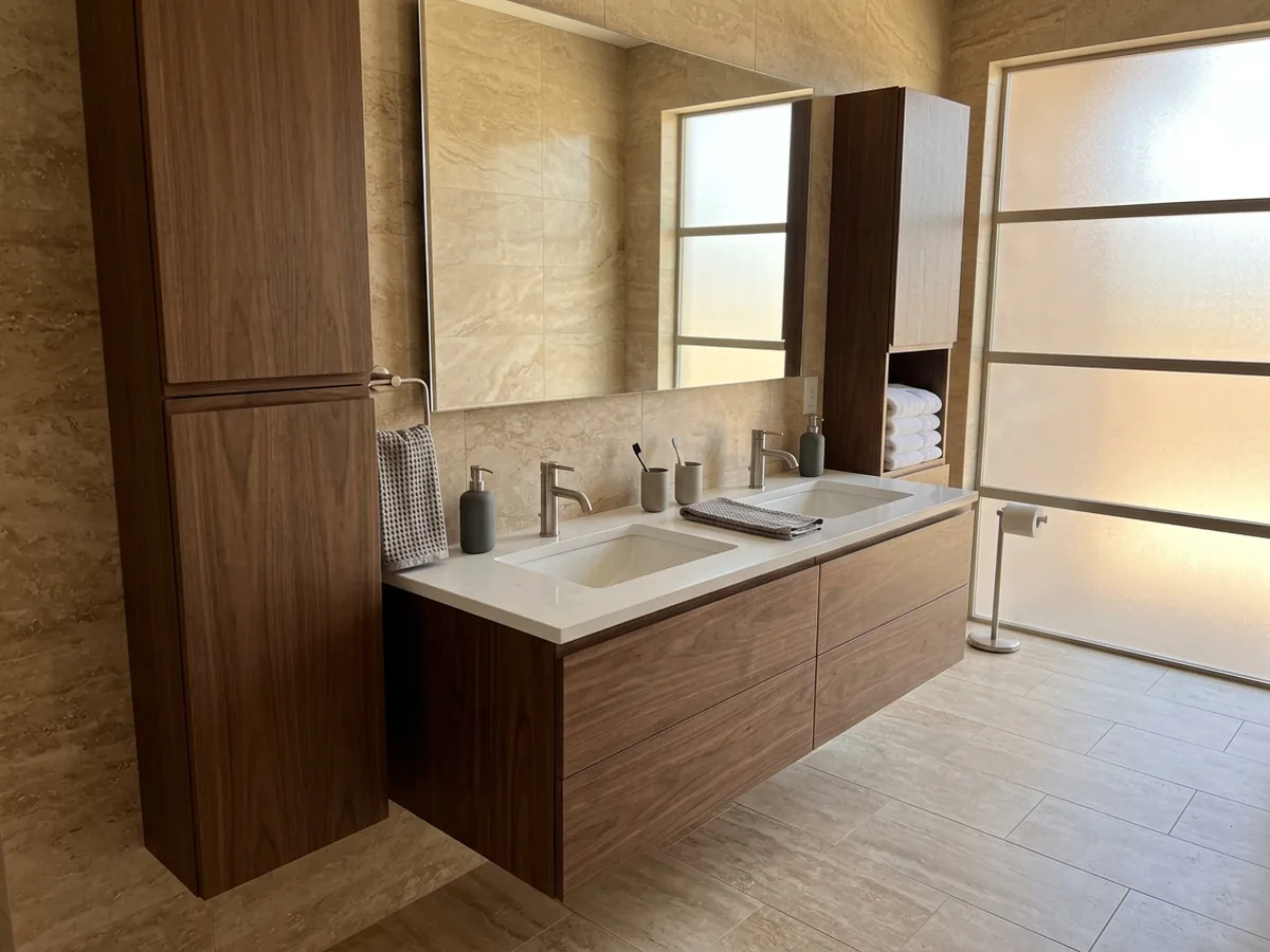 Floating walnut double vanity with two undermount sinks and a matching linen tower