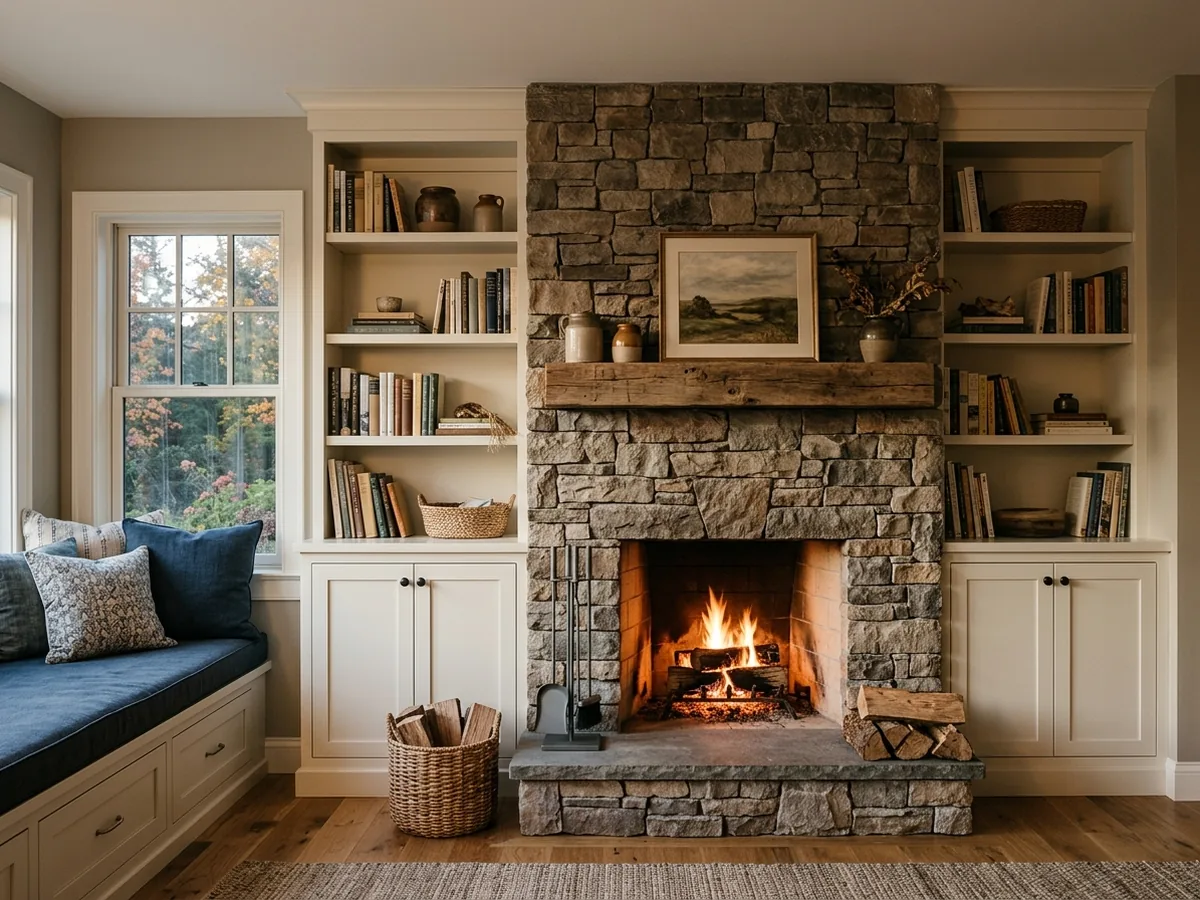 Painted built-in bookshelves with lower cabinets flanking a stone fireplace