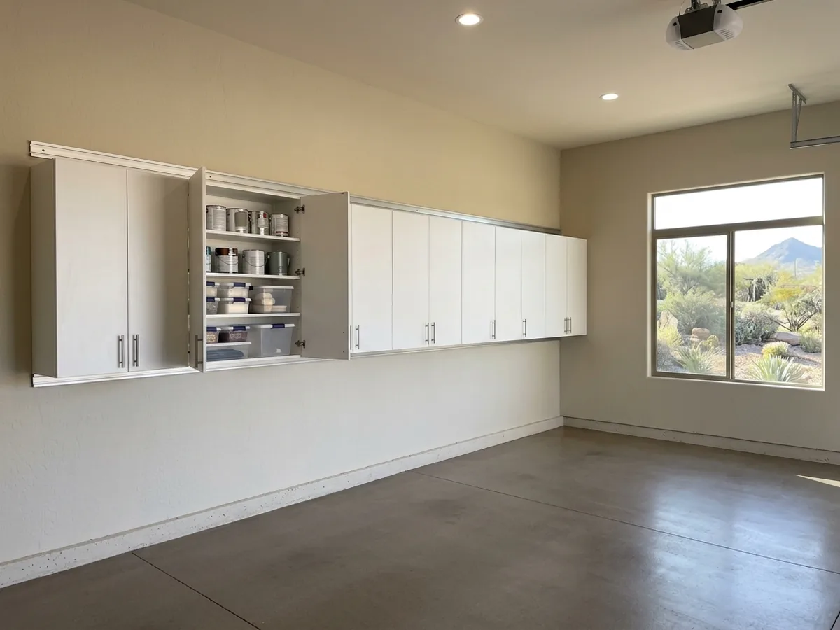 White melamine wall-hung cabinets mounted on a rail above a clear concrete floor, one door open to adjustable shelves