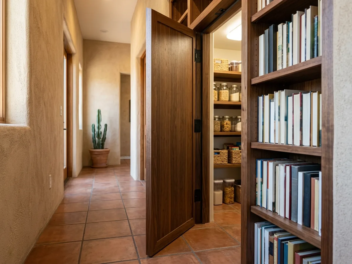 Walnut bookcase door standing ajar on concealed hinges, revealing a lit pantry behind it