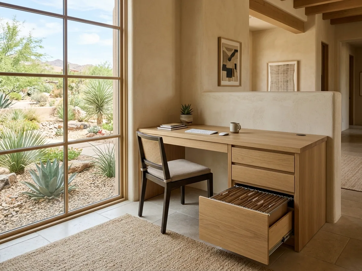 Built-in white oak desk with a file drawer pedestal on one side and open knee space in the middle