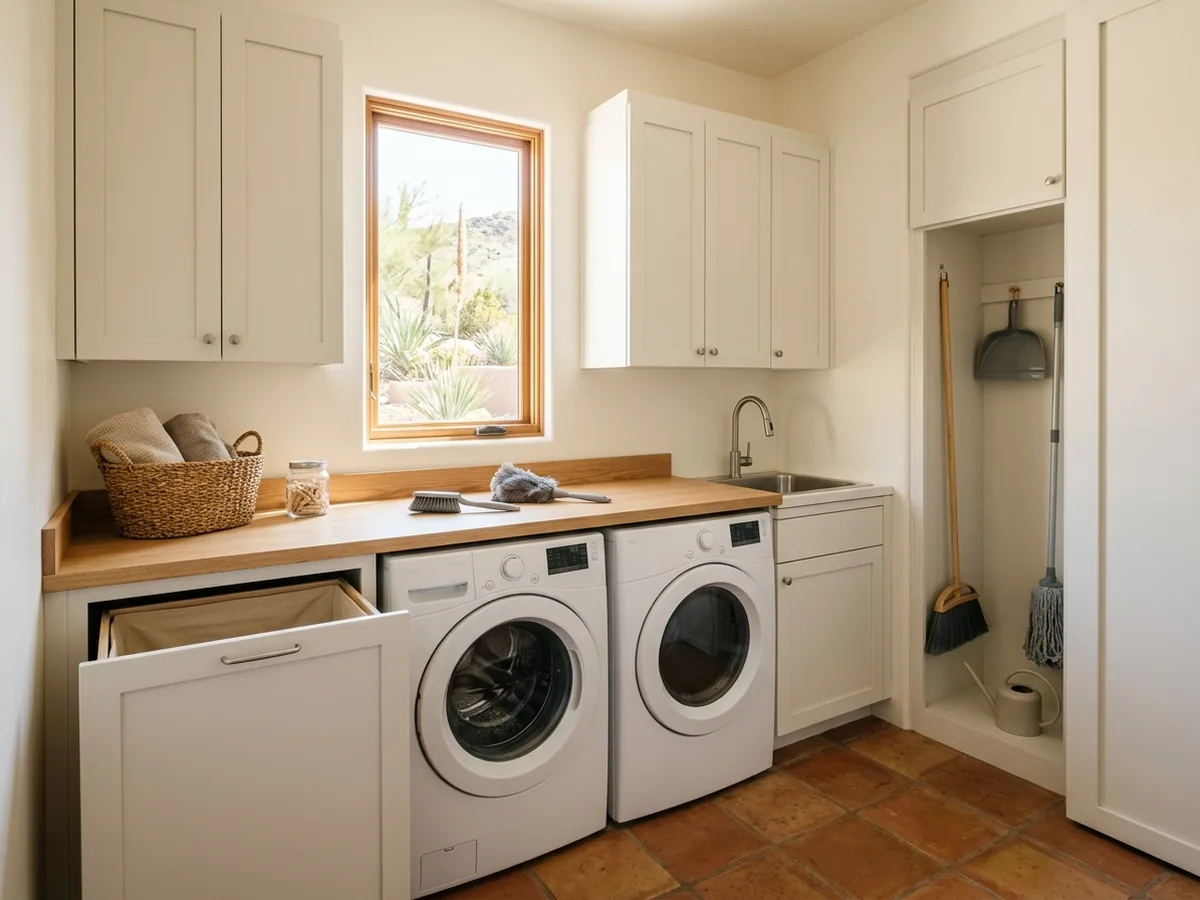 Laundry room with white upper cabinets, a folding counter and a tall broom cabinet