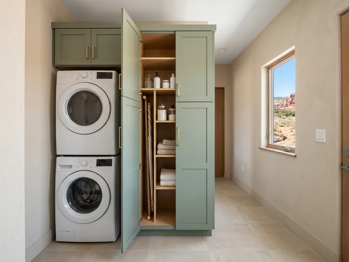 Tall sage-green cabinet beside a stacked washer and dryer, with a short wall cabinet above the stack