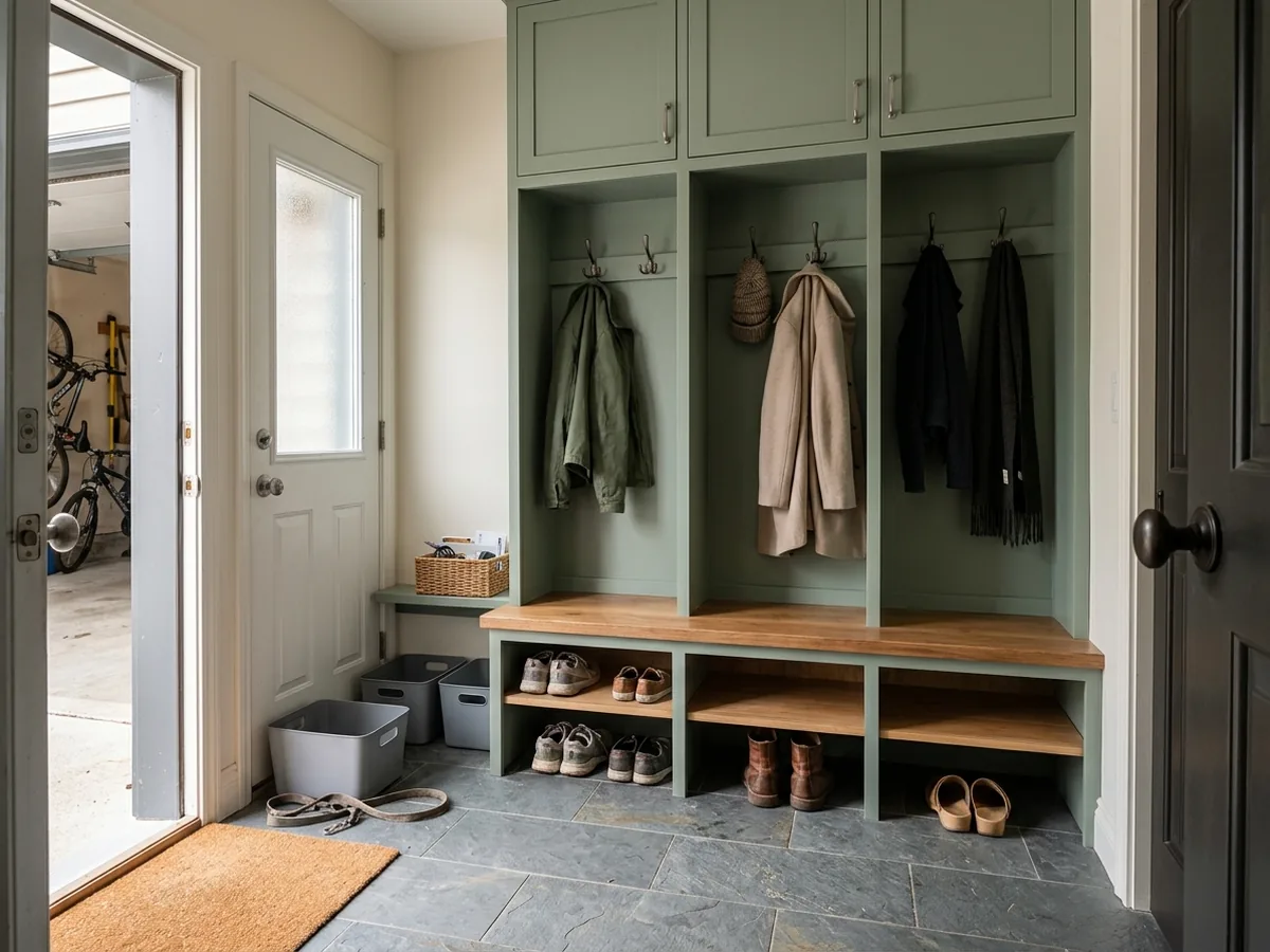 Green mudroom lockers with hooks, a bench and shoe cubbies