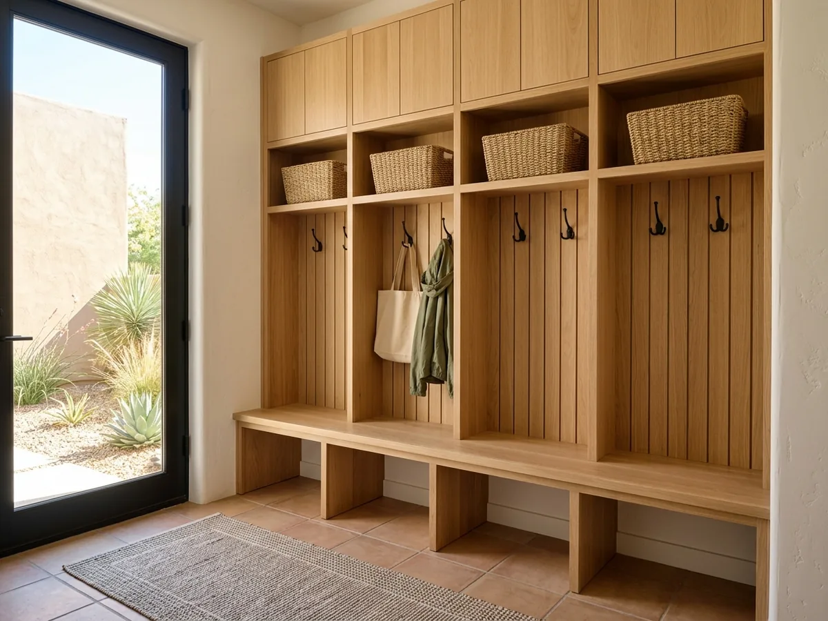 Row of open white oak mudroom lockers with double coat hooks, a bench and a cabinet above each locker