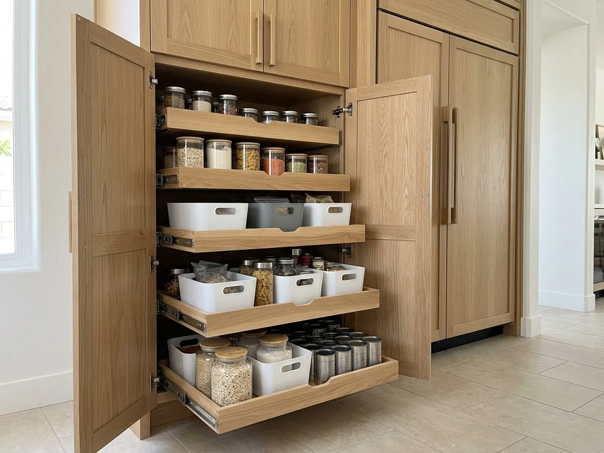 Tall white oak pantry cabinet with both doors open and five pull-out trays extended